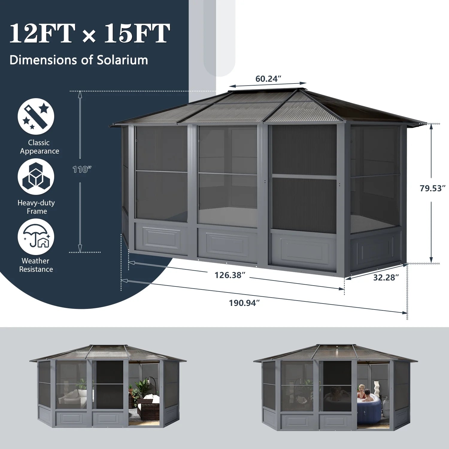 12' X 15' Solarium Sunroom, Outdoor Hardtop Polycarbonate Roof Sun Room, Aluminum Frame Permanent Tiny House with Sliding Doors and Screens,For Garden, Patio, Lawns