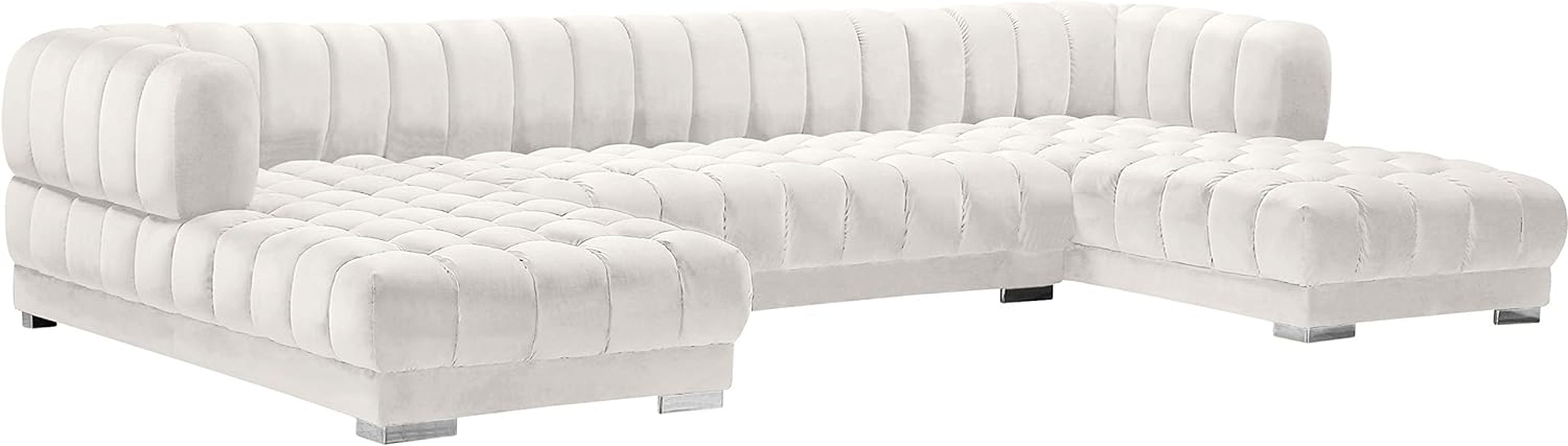 653Cream-Sectional Gwen Collection Modern | Contemporary Velvet Upholstered 3 Piece Sectional with Deep Biscuit Tufting, Cream, 143" W X 70" D X 28" H