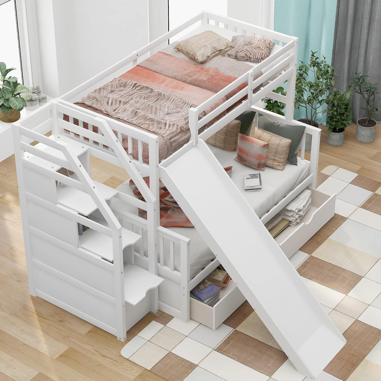 Twin over Full Bunk Bed with Slide, Solid Wood Bunk Bed Frame, Bunk Bed with Drawers & Storage Staircases, Convertible Bunk Bed (Twin/Full with Slide, White)