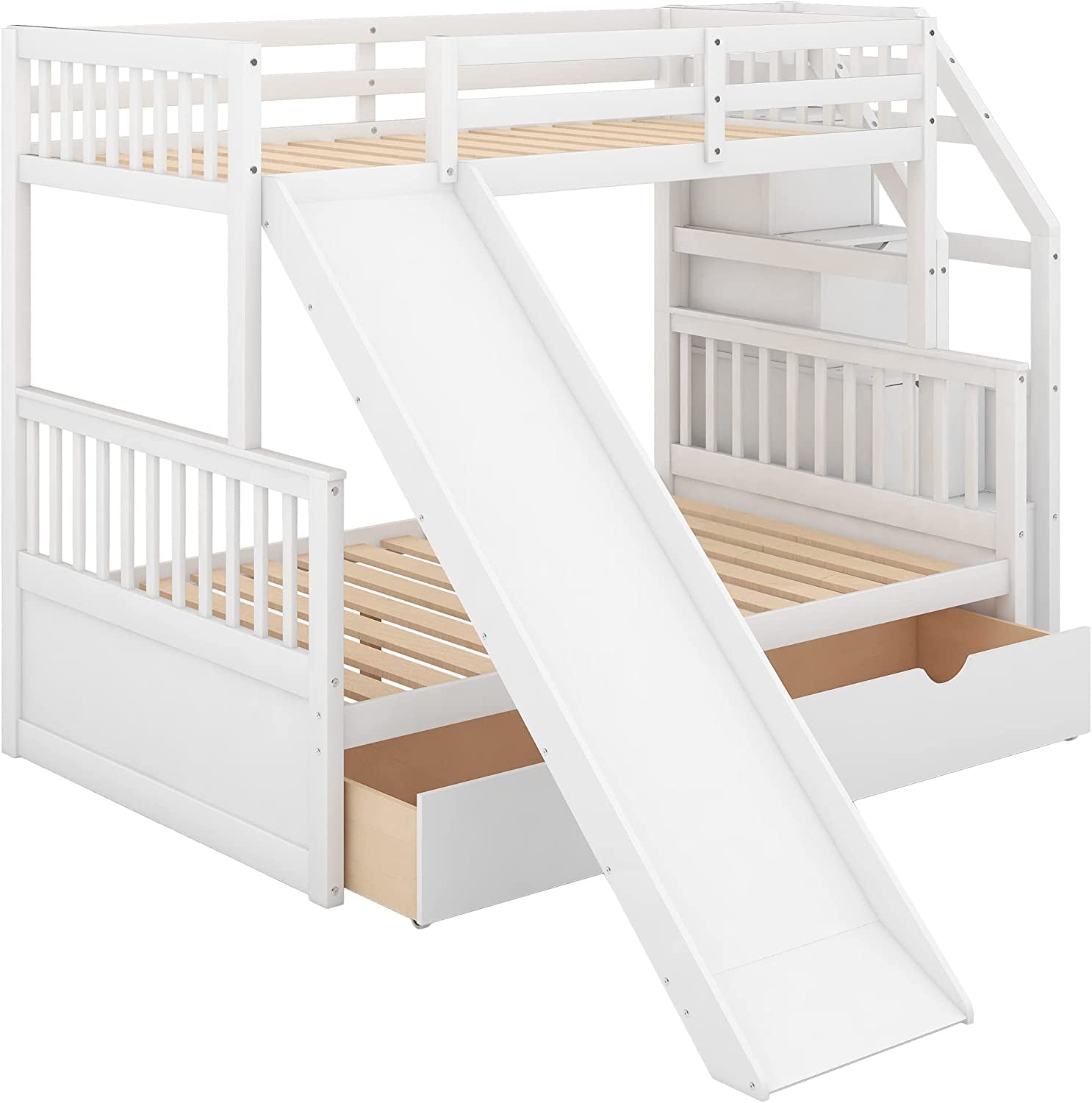 Twin over Full Bunk Bed with Slide, Solid Wood Bunk Bed Frame, Bunk Bed with Drawers & Storage Staircases, Convertible Bunk Bed (Twin/Full with Slide, White)