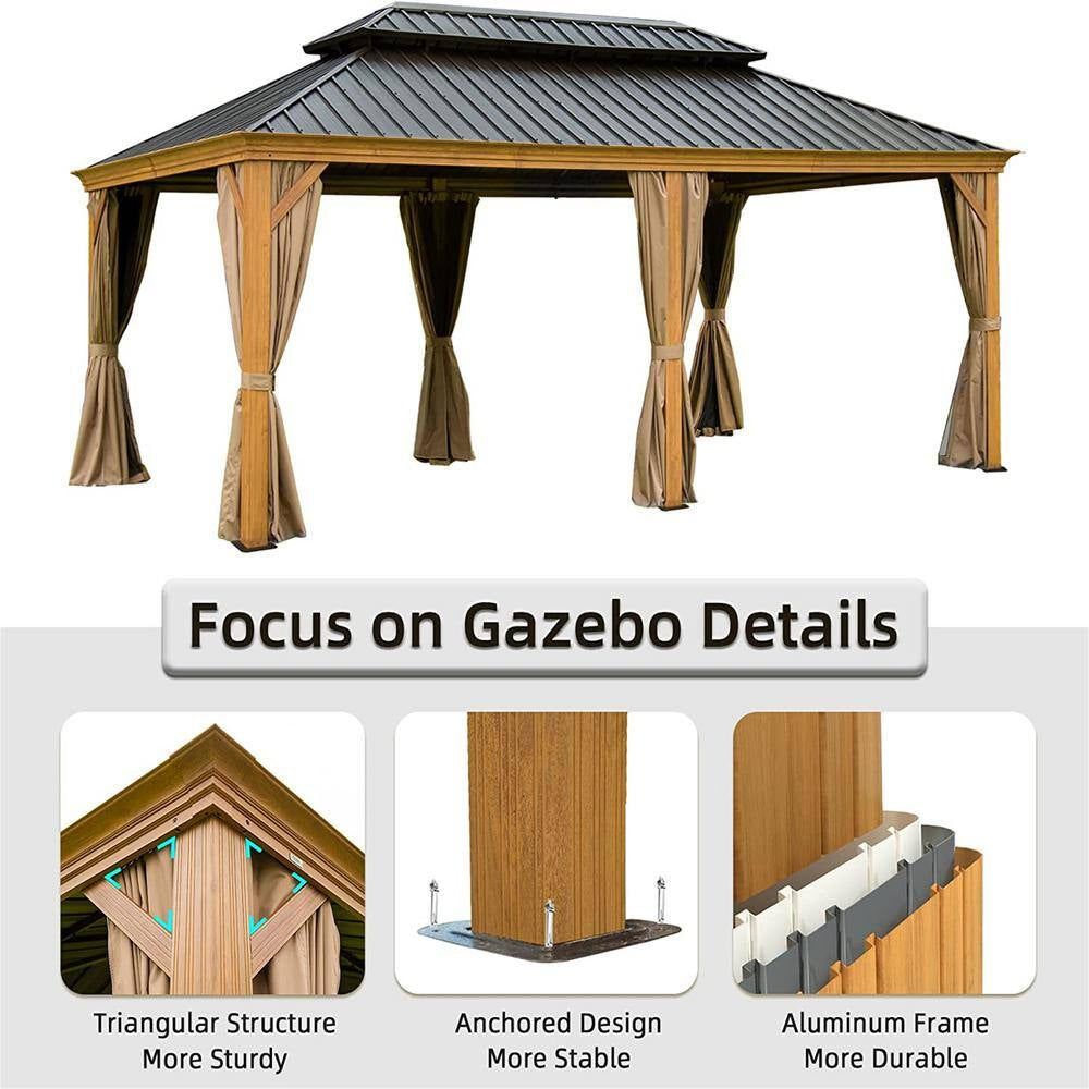 12 Ft. X 20 Ft. Outdoor Aluminum Frame Wood Grain Patio Gazebo Canopy Tent Shelter with Galvanized Steel Hardtop