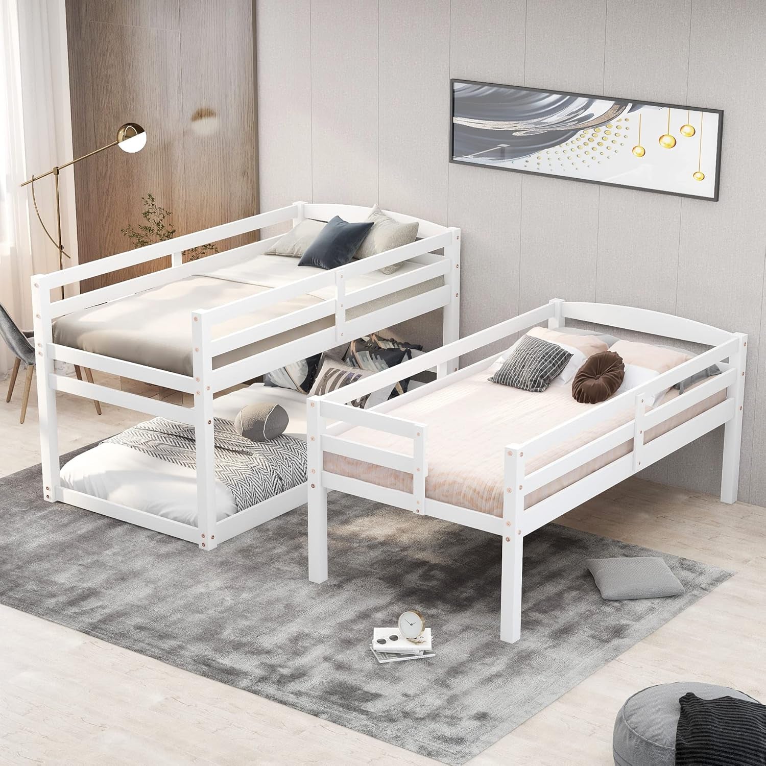 Twin Triple Bunk Bed for Kids Teens, Wood Stackable Twin Size 3 Stairway Bunk Bed Frame with Slat,Bunk Bed Can Be Divided into Low Bunk Bed and Loft Bed,White