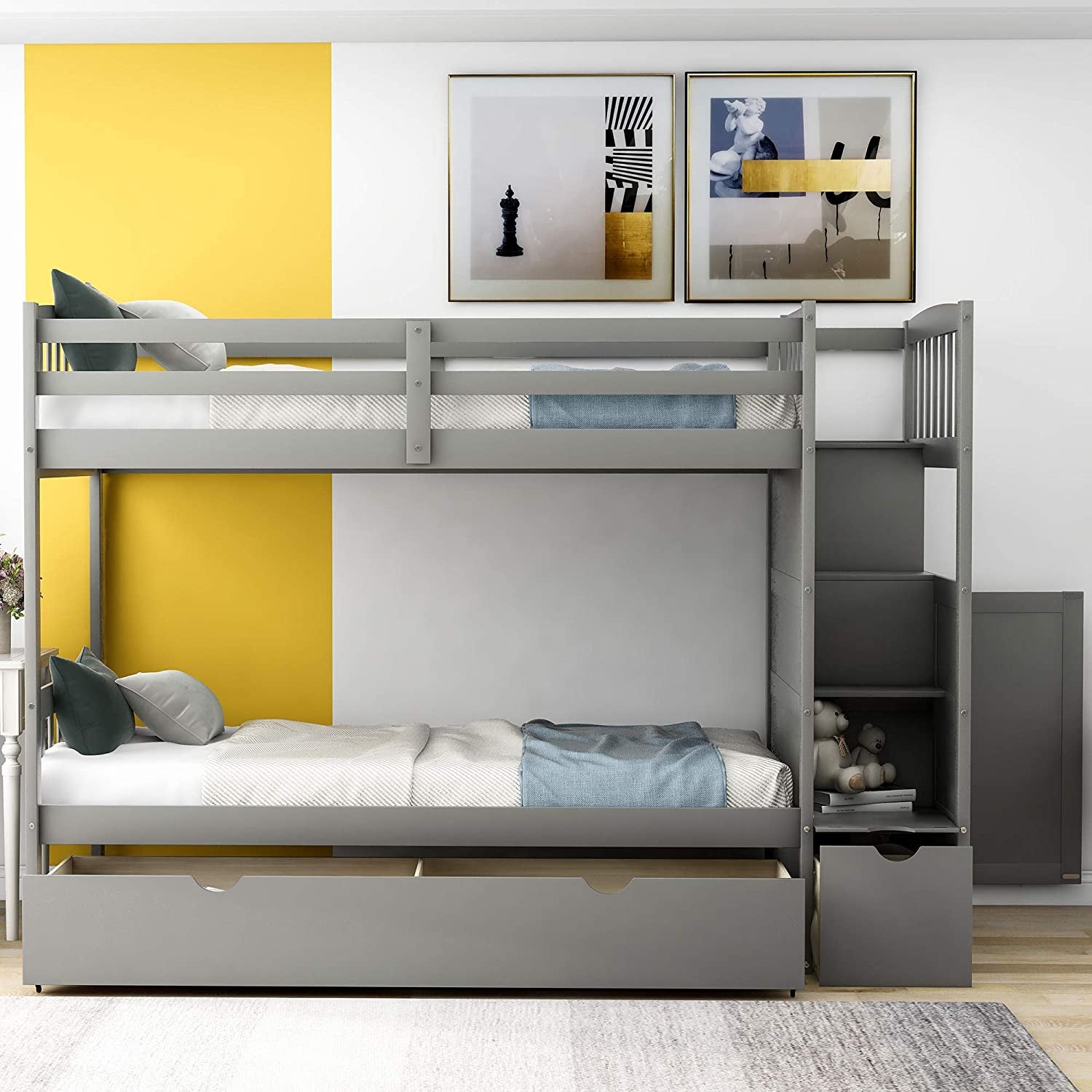 Twin over Full Bunk Bed with Drawers, Wood Frame Can Extendable Bunk Bed with Storage Shelves and Staircase,Can Convertible Bottom Bed, Gray