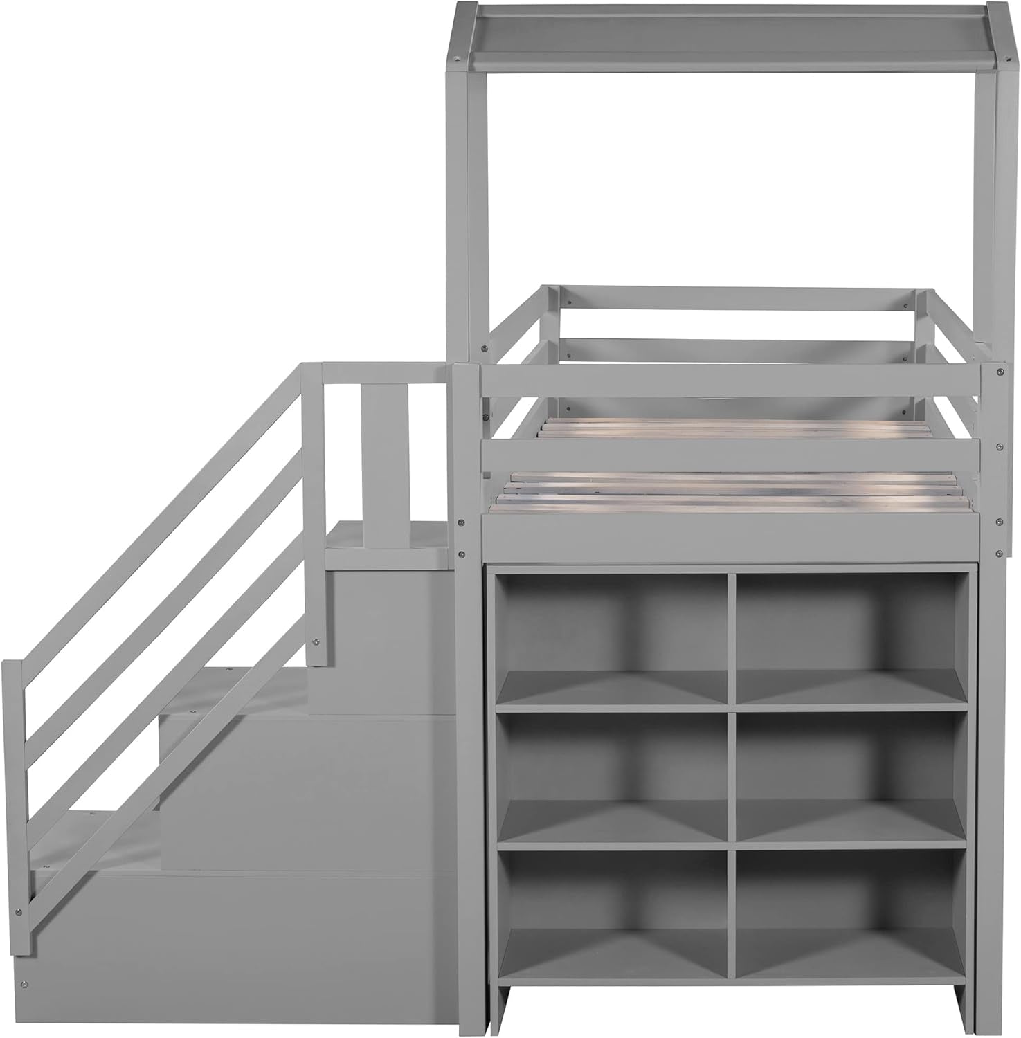 Twin over Full House Bunk Bed for Kids Wood Bunk Bed Frame with House Roof Staircase and Storage Shelves,Twin Loft Bed and Floor Bed,Gray