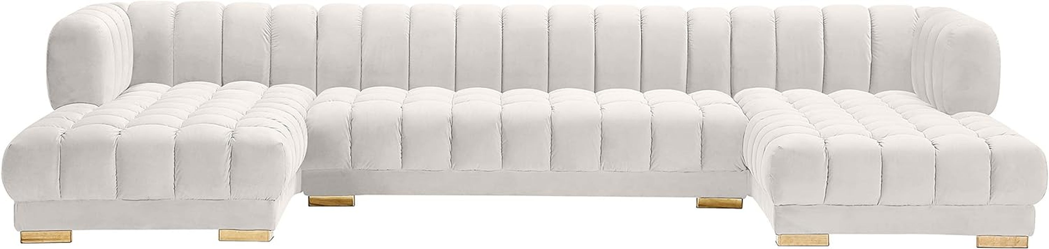 653Cream-Sectional Gwen Collection Modern | Contemporary Velvet Upholstered 3 Piece Sectional with Deep Biscuit Tufting, Cream, 143" W X 70" D X 28" H