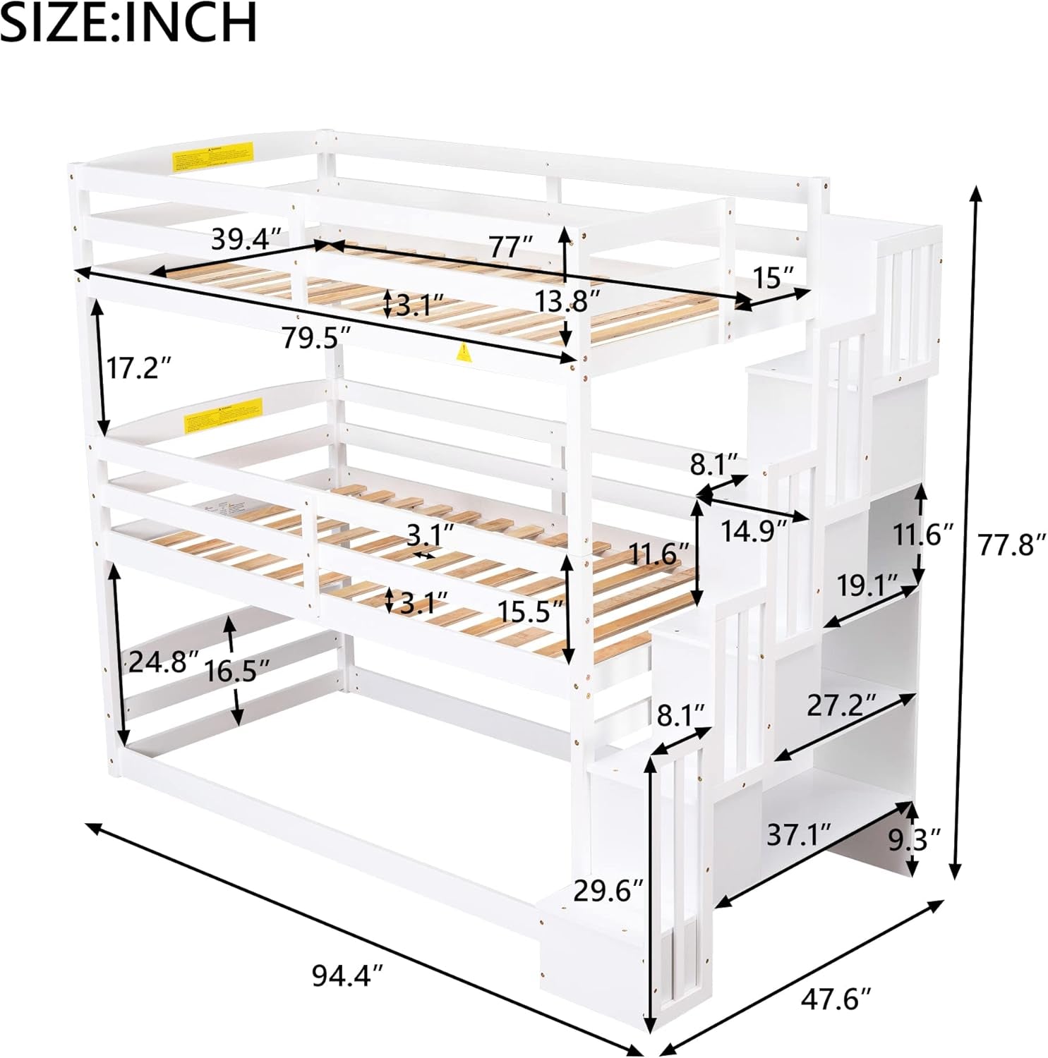 Twin Triple Bunk Bed for Kids Teens, Wood Stackable Twin Size 3 Stairway Bunk Bed Frame with Slat,Bunk Bed Can Be Divided into Low Bunk Bed and Loft Bed,White