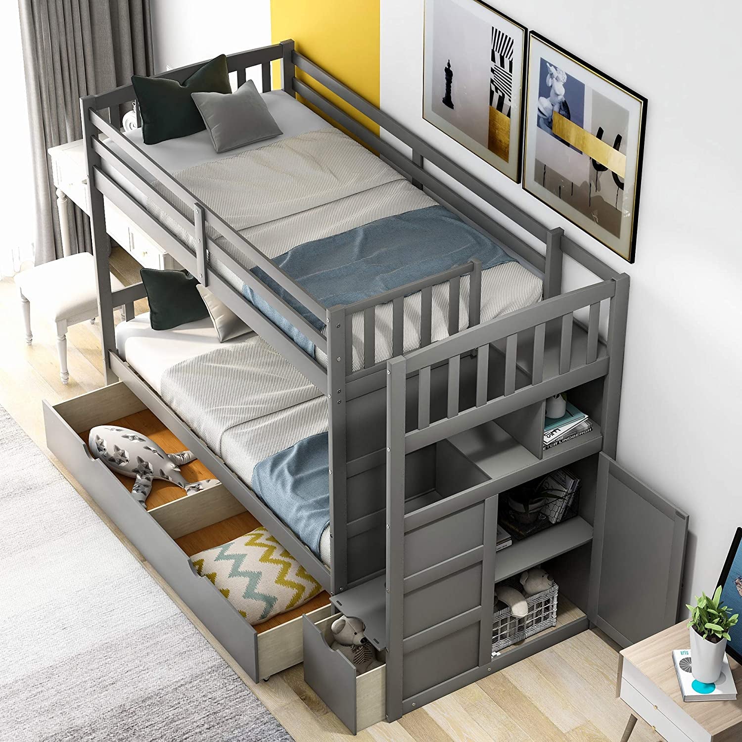 Twin over Full Bunk Bed with Drawers, Wood Frame Can Extendable Bunk Bed with Storage Shelves and Staircase,Can Convertible Bottom Bed, Gray