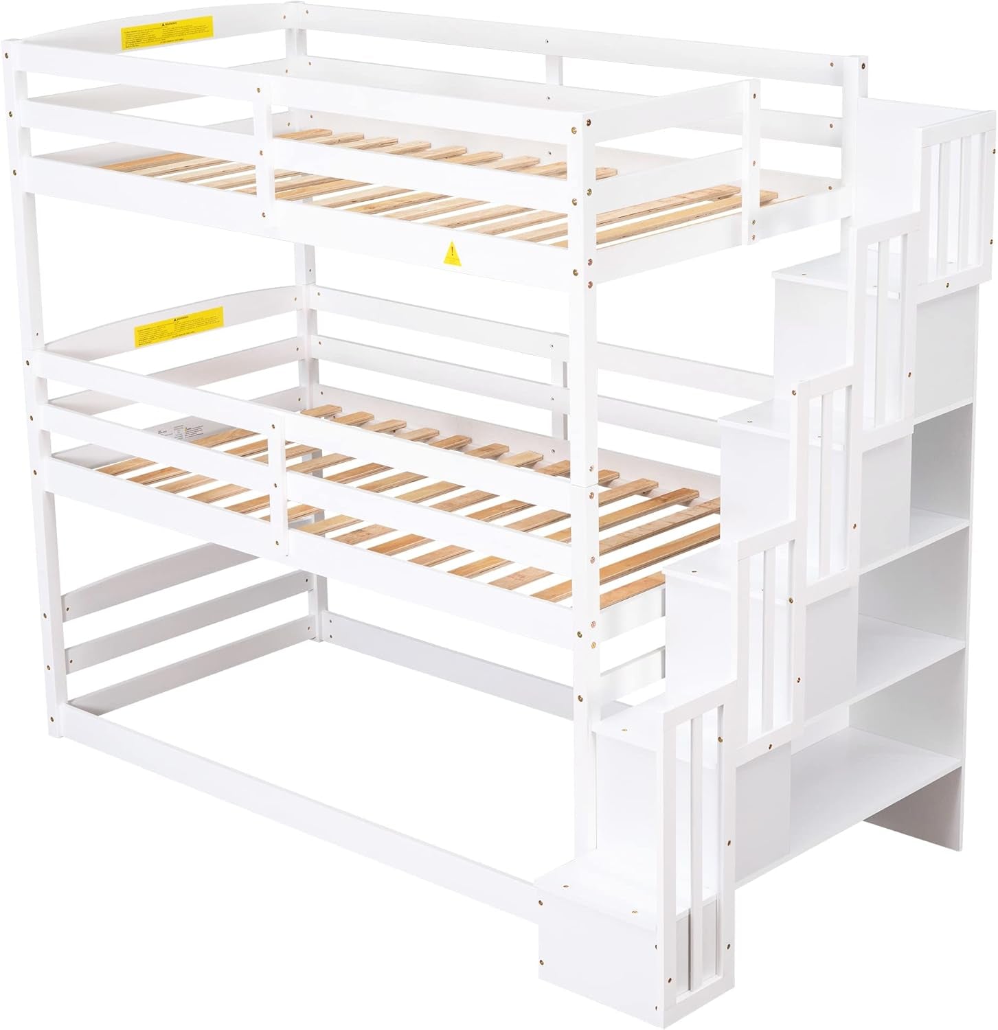 Twin Triple Bunk Bed for Kids Teens, Wood Stackable Twin Size 3 Stairway Bunk Bed Frame with Slat,Bunk Bed Can Be Divided into Low Bunk Bed and Loft Bed,White