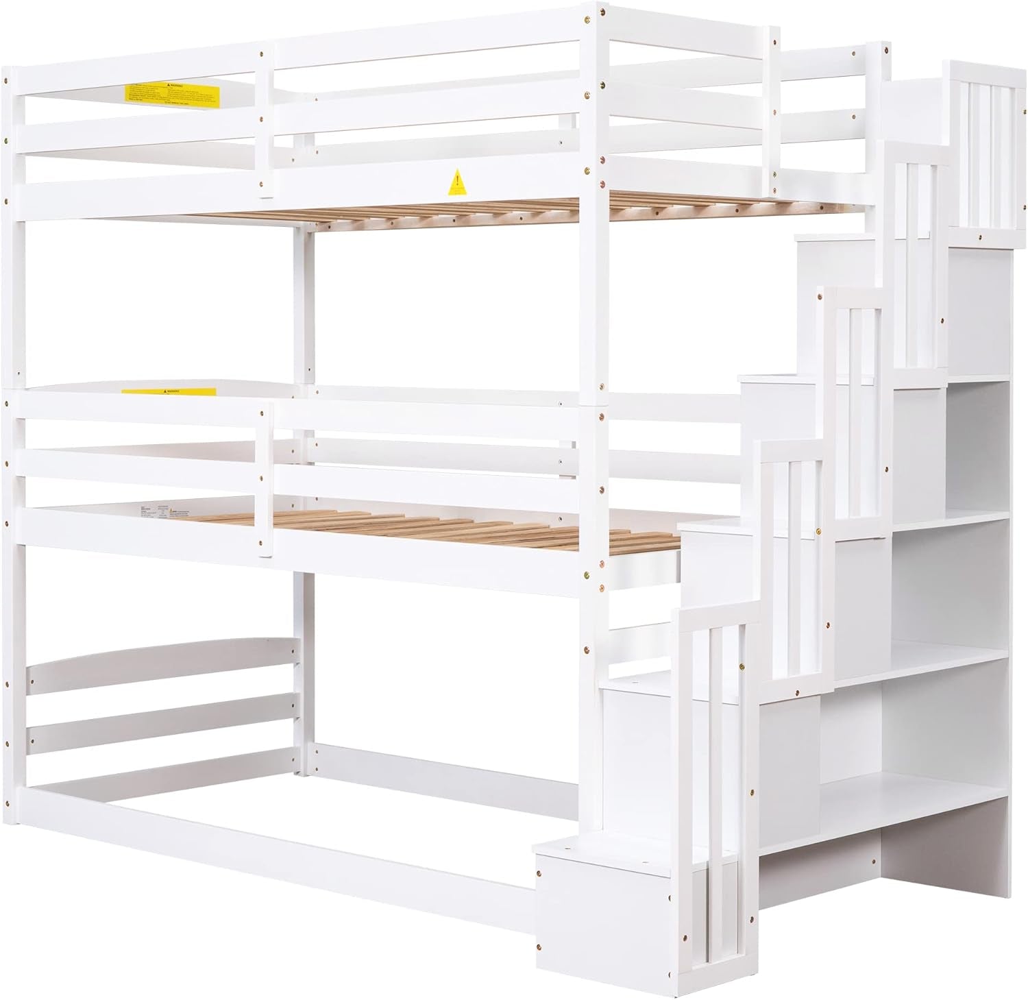 Twin Triple Bunk Bed for Kids Teens, Wood Stackable Twin Size 3 Stairway Bunk Bed Frame with Slat,Bunk Bed Can Be Divided into Low Bunk Bed and Loft Bed,White