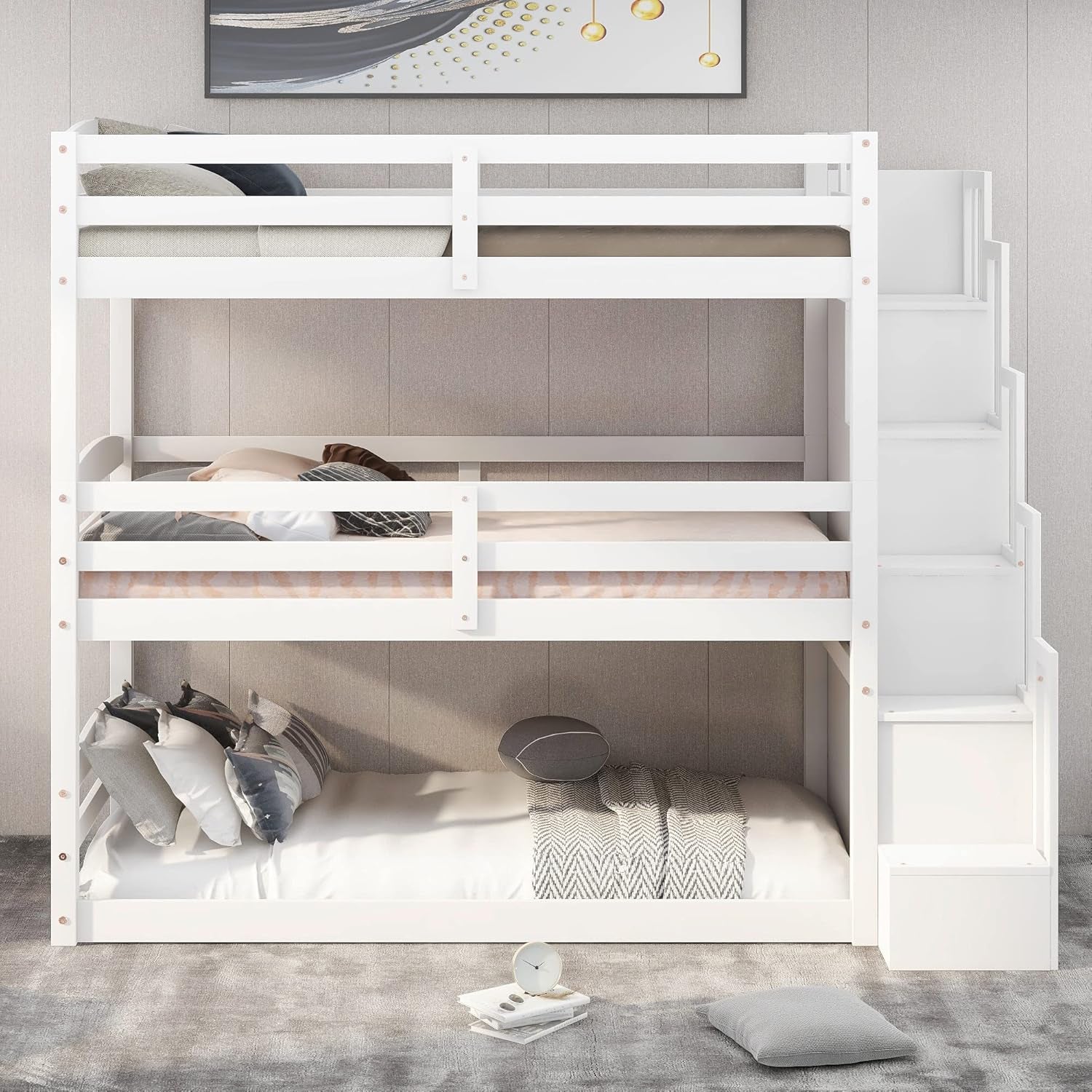 Twin Triple Bunk Bed for Kids Teens, Wood Stackable Twin Size 3 Stairway Bunk Bed Frame with Slat,Bunk Bed Can Be Divided into Low Bunk Bed and Loft Bed,White