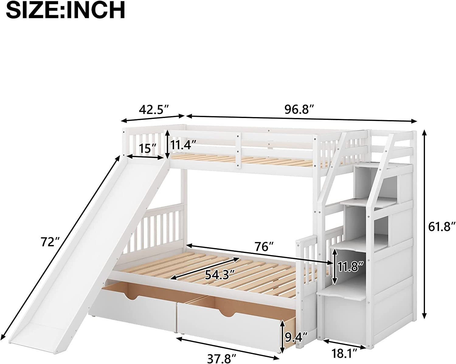 Twin over Full Bunk Bed with Slide, Solid Wood Bunk Bed Frame, Bunk Bed with Drawers & Storage Staircases, Convertible Bunk Bed (Twin/Full with Slide, White)