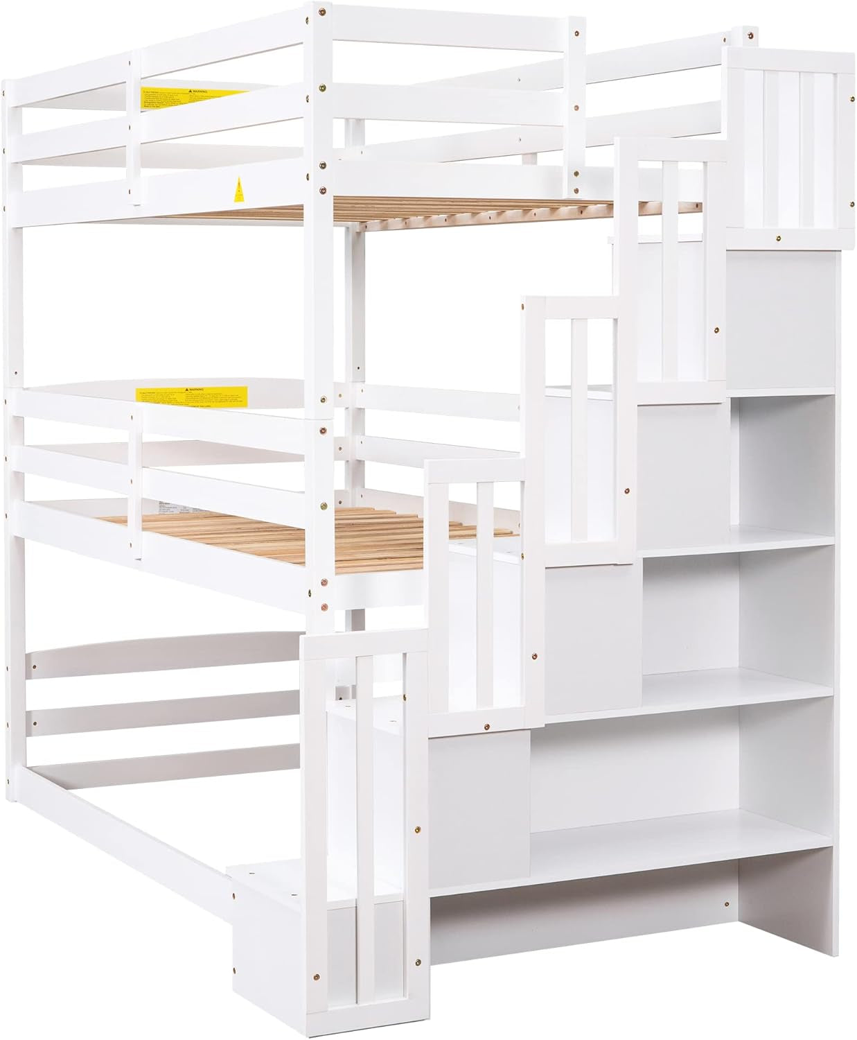 Twin Triple Bunk Bed for Kids Teens, Wood Stackable Twin Size 3 Stairway Bunk Bed Frame with Slat,Bunk Bed Can Be Divided into Low Bunk Bed and Loft Bed,White