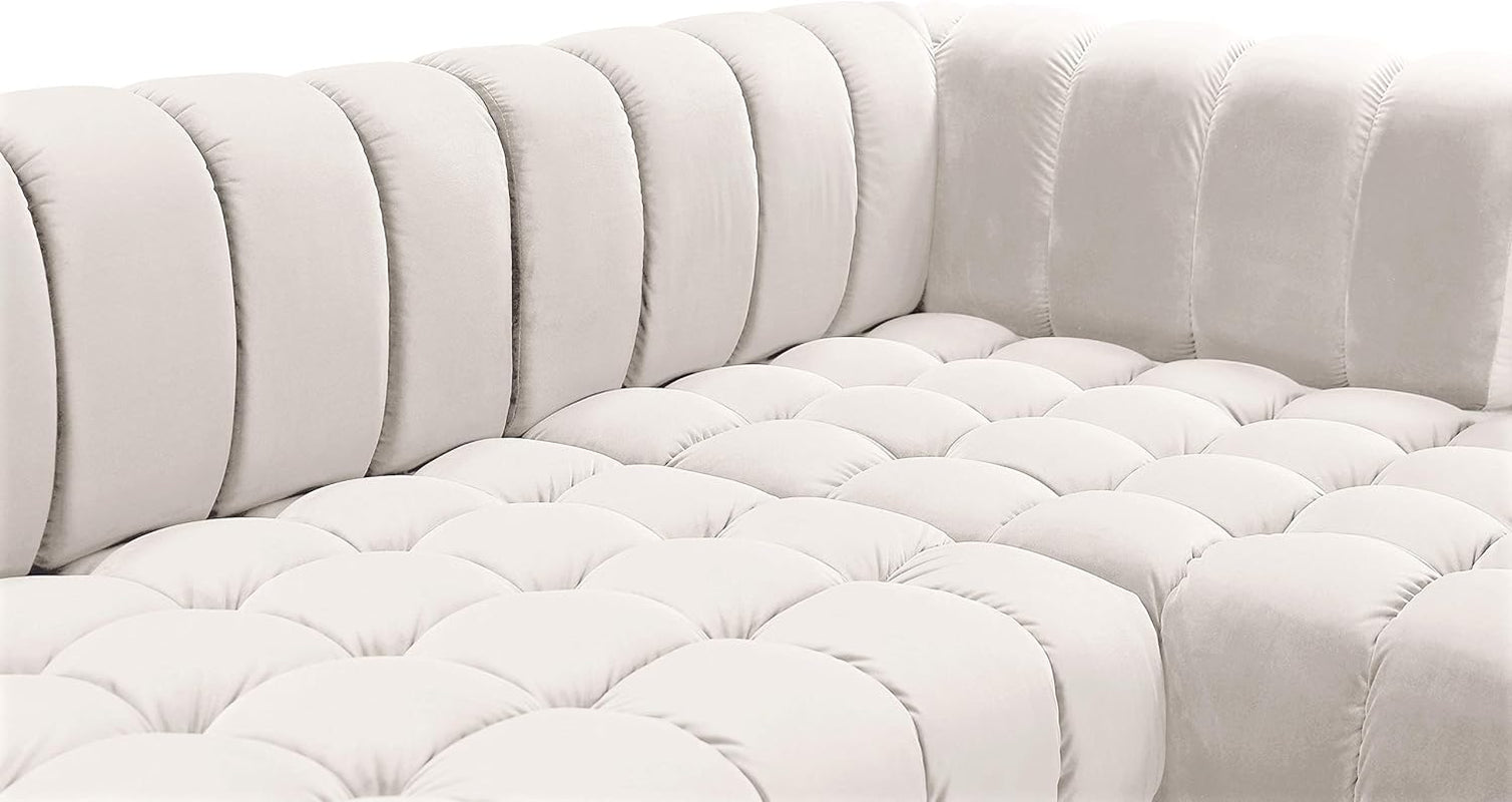 653Cream-Sectional Gwen Collection Modern | Contemporary Velvet Upholstered 3 Piece Sectional with Deep Biscuit Tufting, Cream, 143" W X 70" D X 28" H