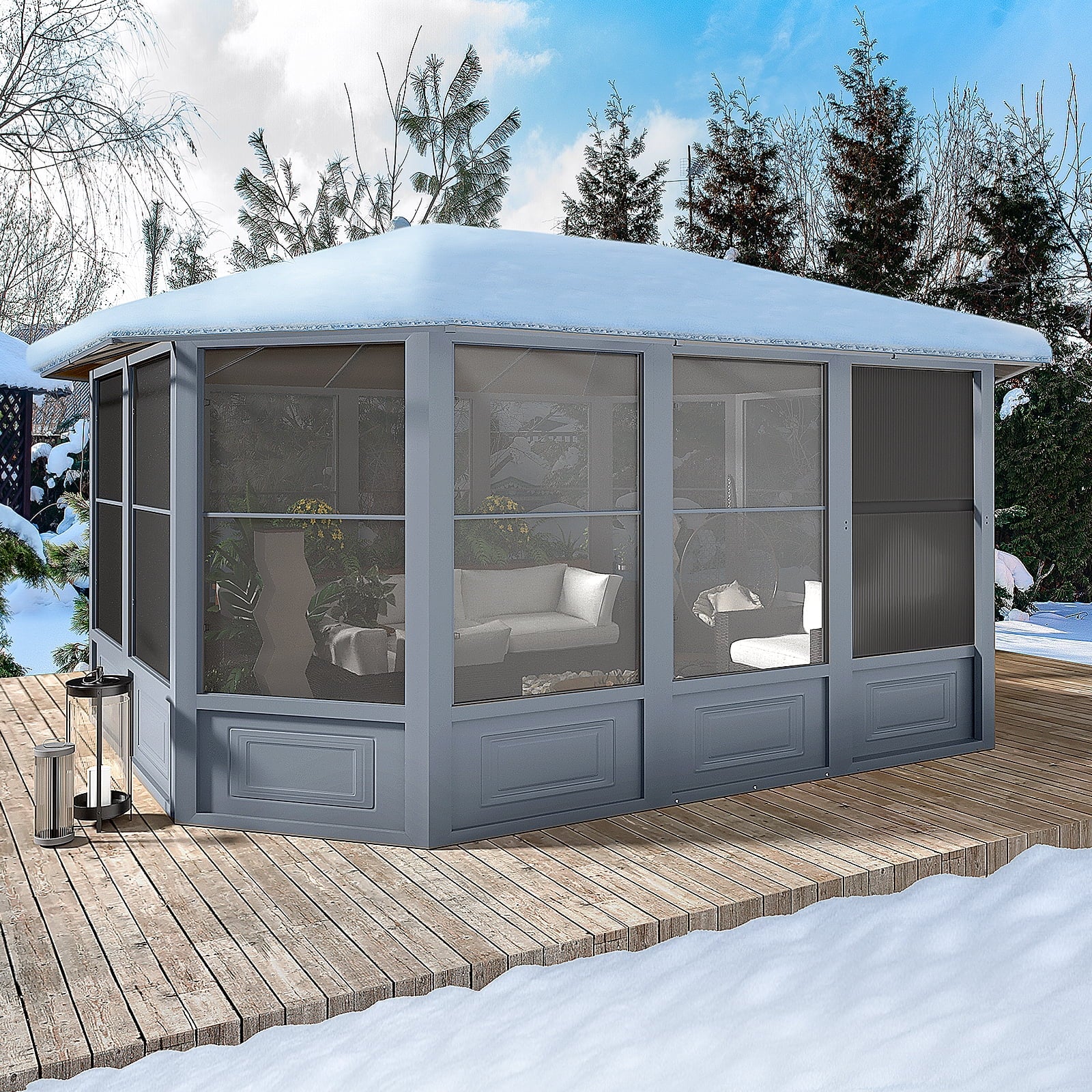 12' X 15' Solarium Sunroom, Outdoor Hardtop Polycarbonate Roof Sun Room, Aluminum Frame Permanent Tiny House with Sliding Doors and Screens,For Garden, Patio, Lawns