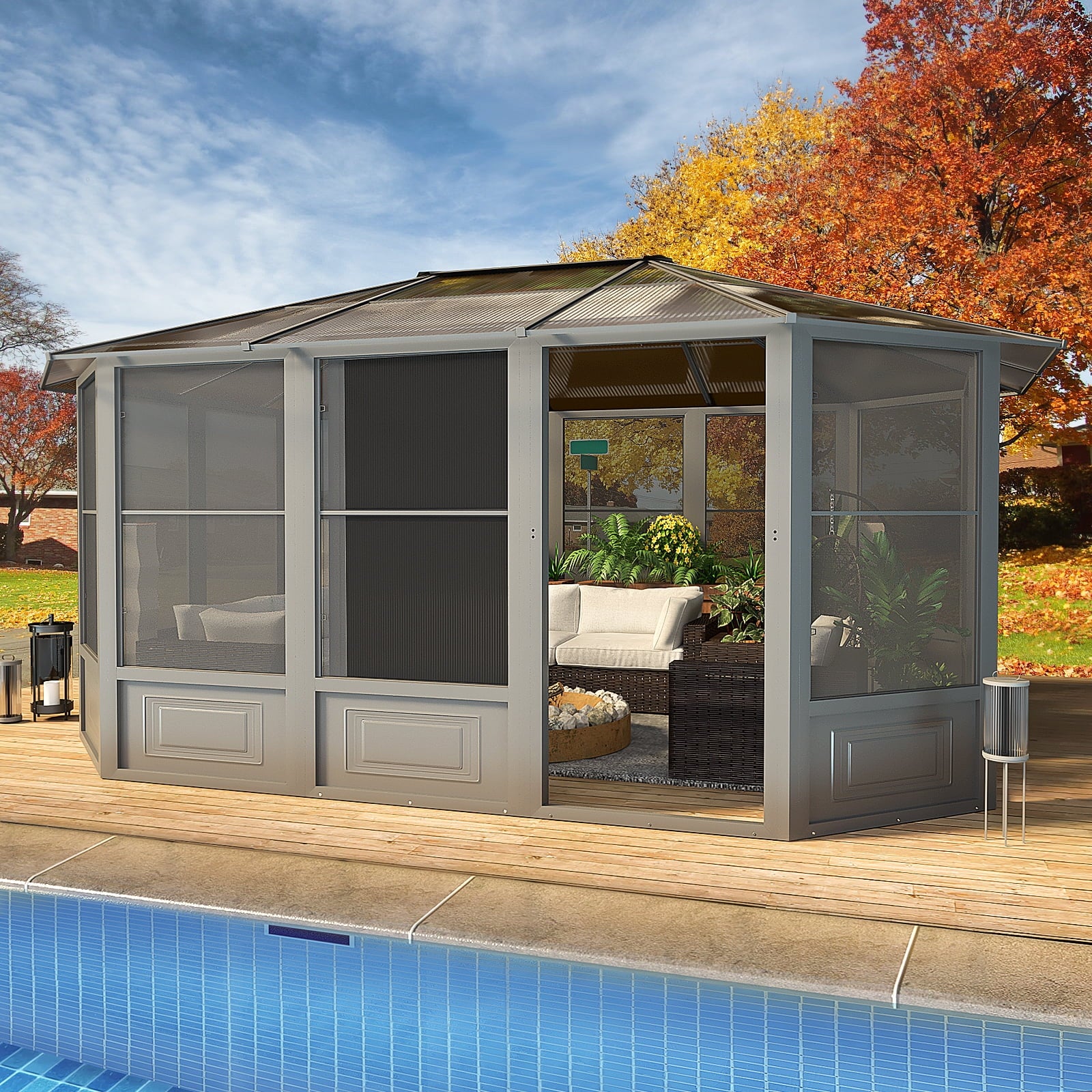 12' X 15' Solarium Sunroom, Outdoor Hardtop Polycarbonate Roof Sun Room, Aluminum Frame Permanent Tiny House with Sliding Doors and Screens,For Garden, Patio, Lawns