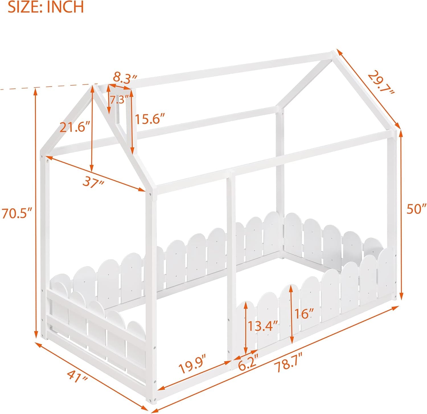 Twin Size Wood Bed, House Bed Frame with Fence-Shaped Guardrails for Teens Girls Boys, Slats Are Not Included, White