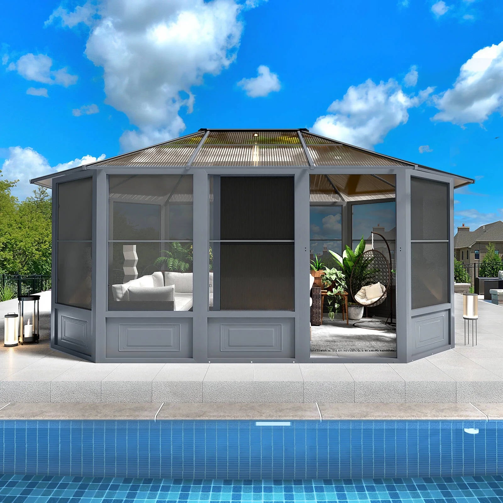 12' X 15' Solarium Sunroom, Outdoor Hardtop Polycarbonate Roof Sun Room, Aluminum Frame Permanent Tiny House with Sliding Doors and Screens,For Garden, Patio, Lawns