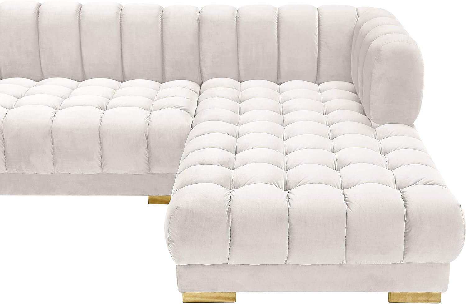 653Cream-Sectional Gwen Collection Modern | Contemporary Velvet Upholstered 3 Piece Sectional with Deep Biscuit Tufting, Cream, 143" W X 70" D X 28" H