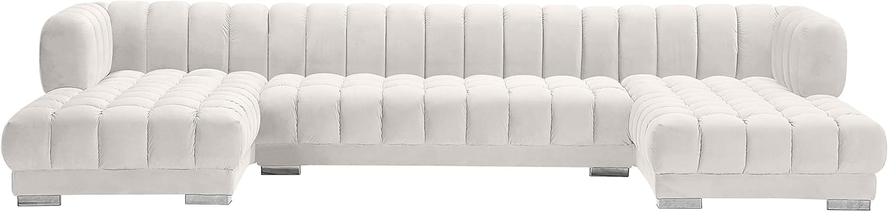 653Cream-Sectional Gwen Collection Modern | Contemporary Velvet Upholstered 3 Piece Sectional with Deep Biscuit Tufting, Cream, 143" W X 70" D X 28" H