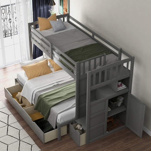 Twin over Full Bunk Bed with Drawers, Wood Frame Can Extendable Bunk Bed with Storage Shelves and Staircase,Can Convertible Bottom Bed, Gray