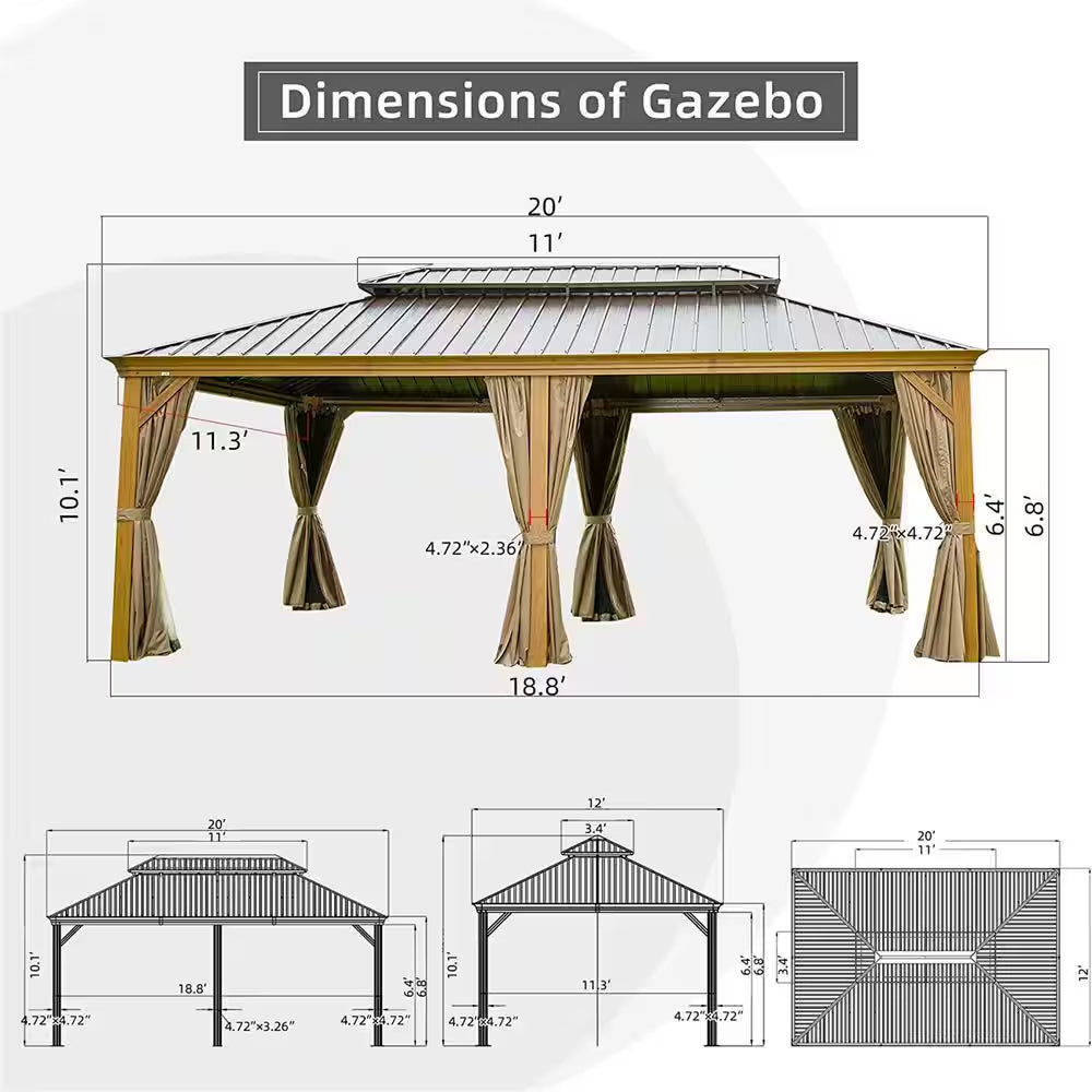 12 Ft. X 20 Ft. Outdoor Aluminum Frame Wood Grain Patio Gazebo Canopy Tent Shelter with Galvanized Steel Hardtop