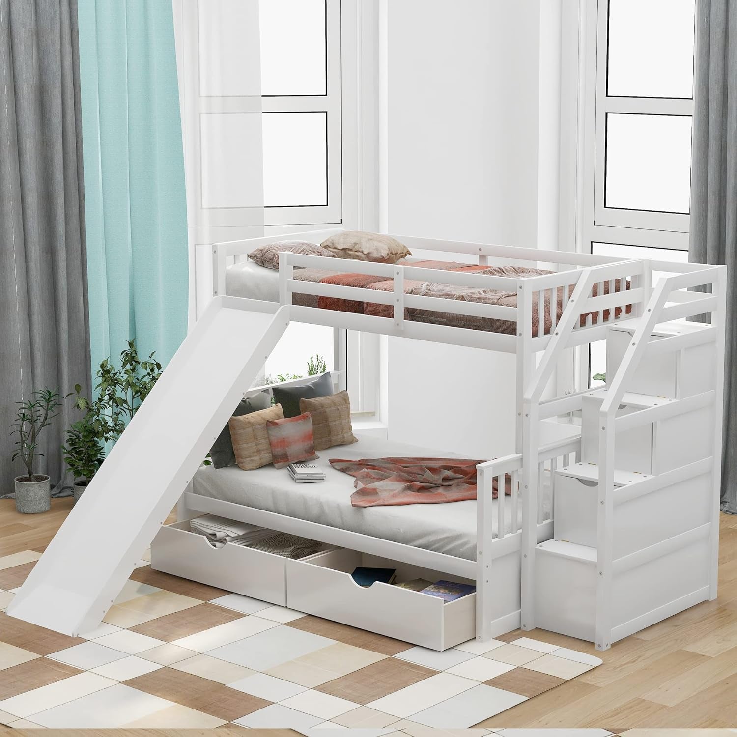 Twin over Full Bunk Bed with Slide, Solid Wood Bunk Bed Frame, Bunk Bed with Drawers & Storage Staircases, Convertible Bunk Bed (Twin/Full with Slide, White)