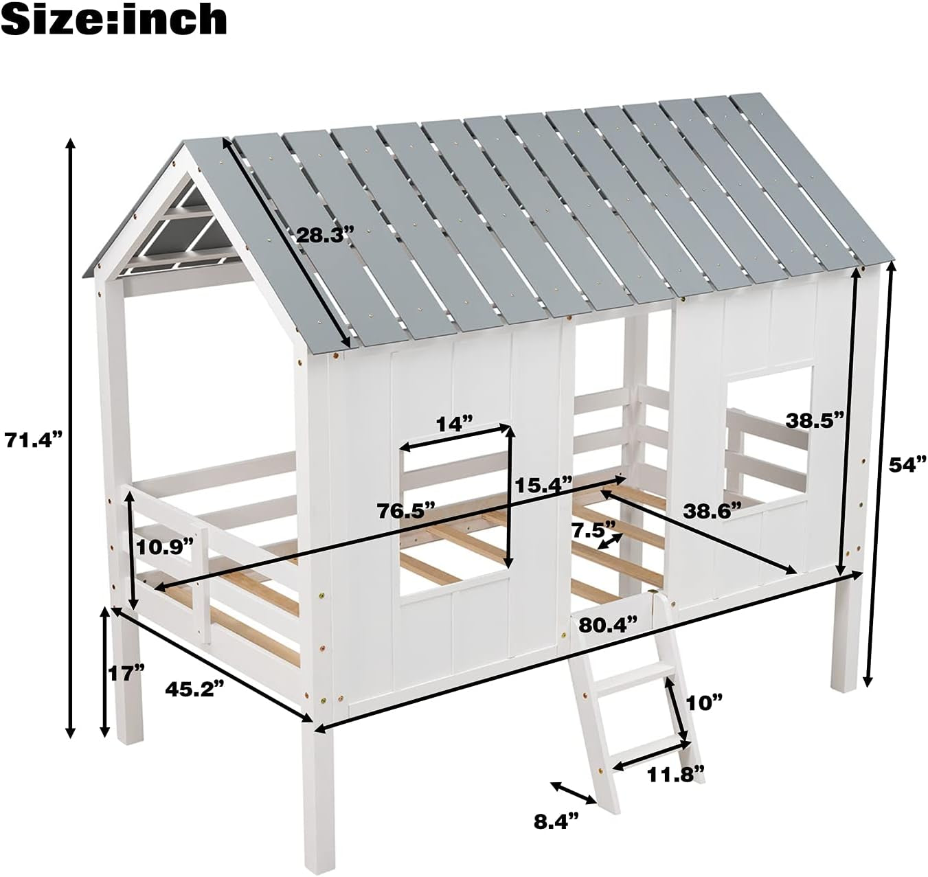 House Loft Bed Twin Size, Solid Wood Low Loft Bed Frame with Roof and Windows, Ladder for Kids, Teens, No Box Spring Needed (White)