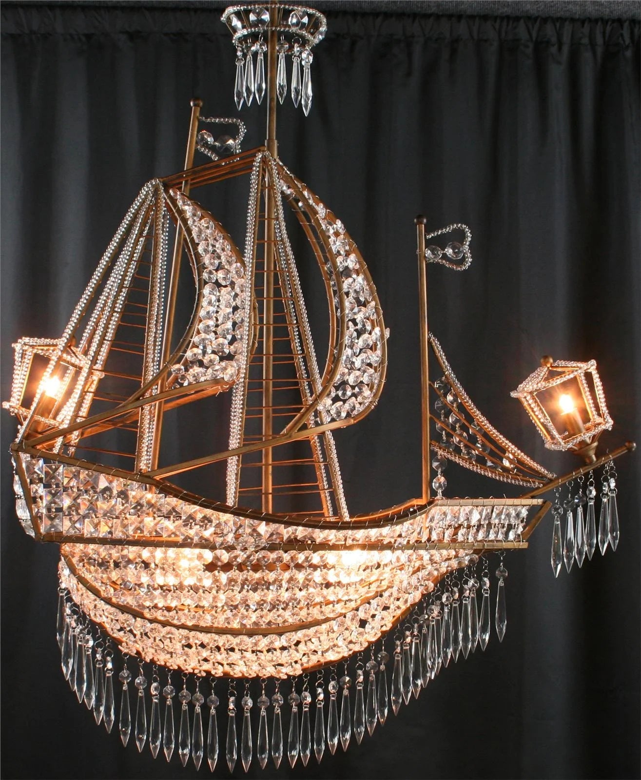 New Large Sailing Ship Crystal Chandelier, 6 Lights, Glass & Antiqued Bronze