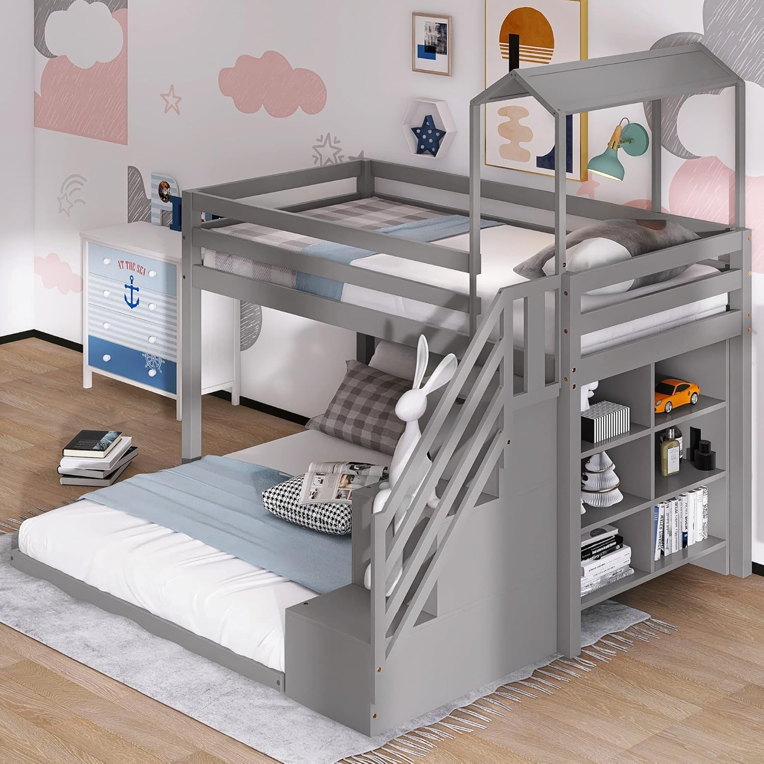 Twin over Full House Bunk Bed for Kids Wood Bunk Bed Frame with House Roof Staircase and Storage Shelves,Twin Loft Bed and Floor Bed,Gray