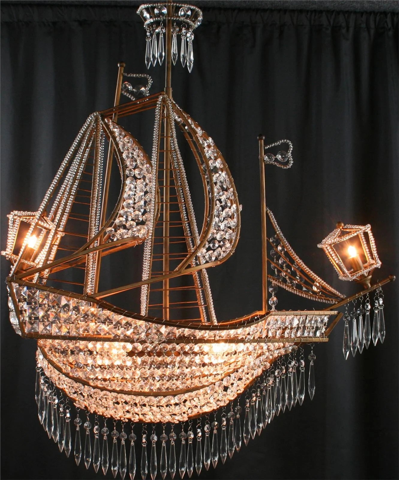 New Large Sailing Ship Crystal Chandelier, 6 Lights, Glass & Antiqued Bronze