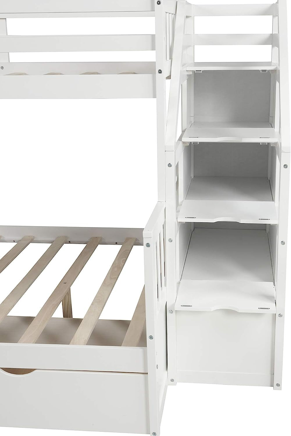 Twin over Full Bunk Bed with Slide, Solid Wood Bunk Bed Frame, Bunk Bed with Drawers & Storage Staircases, Convertible Bunk Bed (Twin/Full with Slide, White)