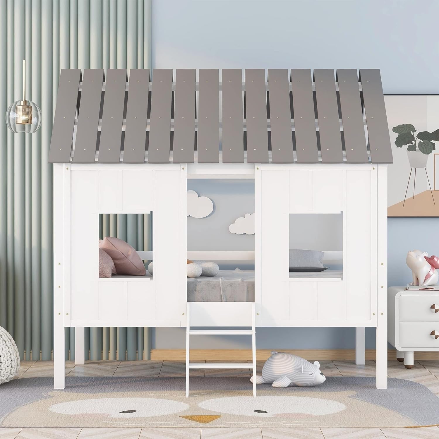 House Loft Bed Twin Size, Solid Wood Low Loft Bed Frame with Roof and Windows, Ladder for Kids, Teens, No Box Spring Needed (White)