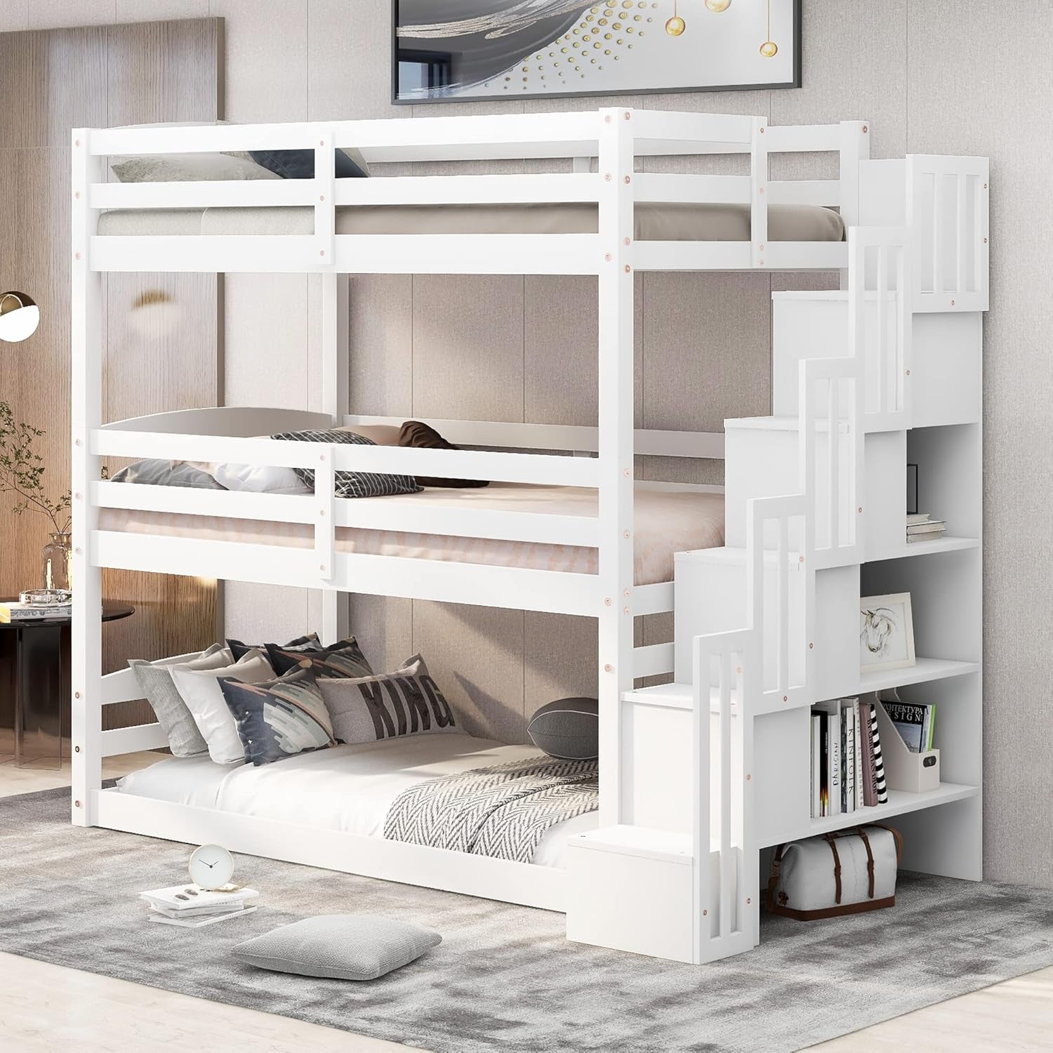 Twin Triple Bunk Bed for Kids Teens, Wood Stackable Twin Size 3 Stairway Bunk Bed Frame with Slat,Bunk Bed Can Be Divided into Low Bunk Bed and Loft Bed,White