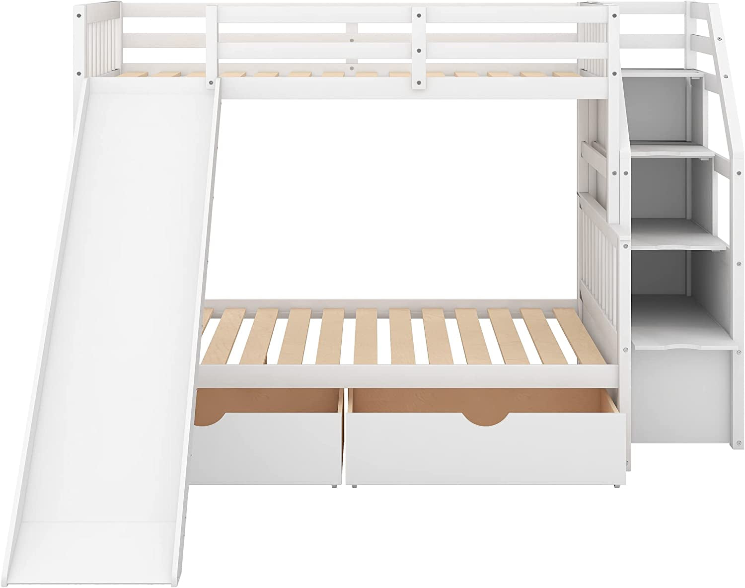 Twin over Full Bunk Bed with Slide, Solid Wood Bunk Bed Frame, Bunk Bed with Drawers & Storage Staircases, Convertible Bunk Bed (Twin/Full with Slide, White)