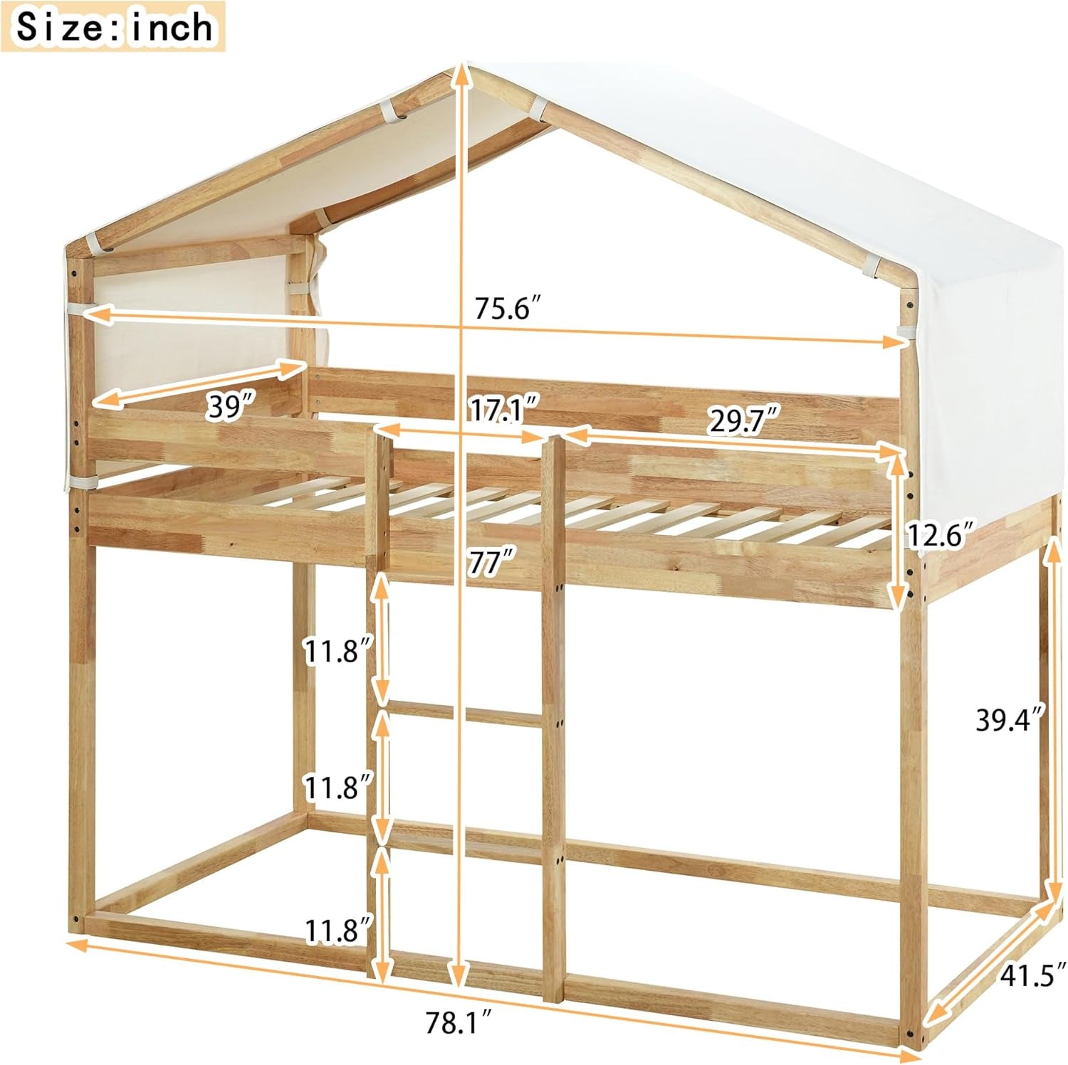 House Bunk Bed with Tent, Twin over Twin Floor Bunk Bed Frame, Kids Playhouse Bunk Bed with Roof and Ladder for Boys Girls Teens, Natural