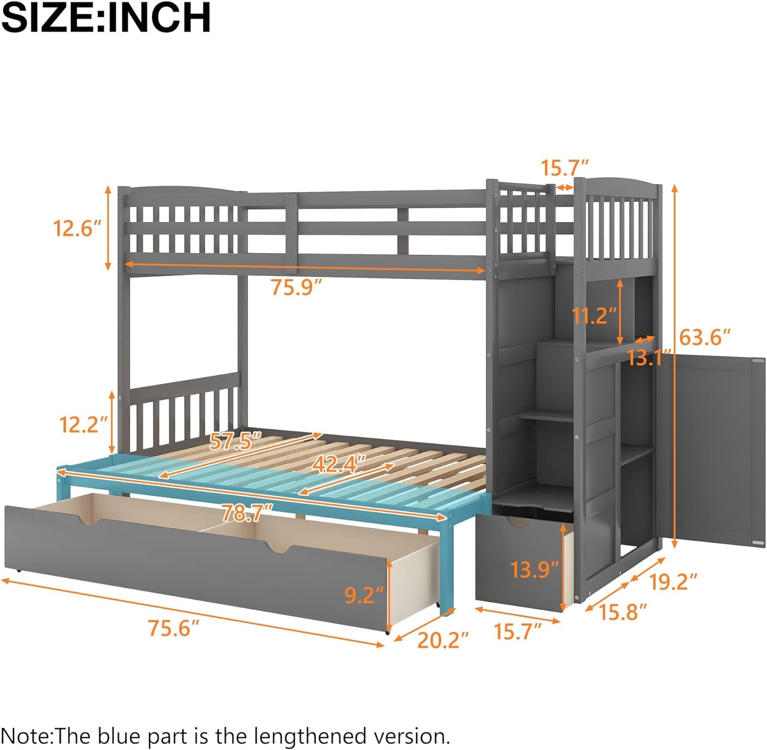 Twin over Full Bunk Bed with Drawers, Wood Frame Can Extendable Bunk Bed with Storage Shelves and Staircase,Can Convertible Bottom Bed, Gray