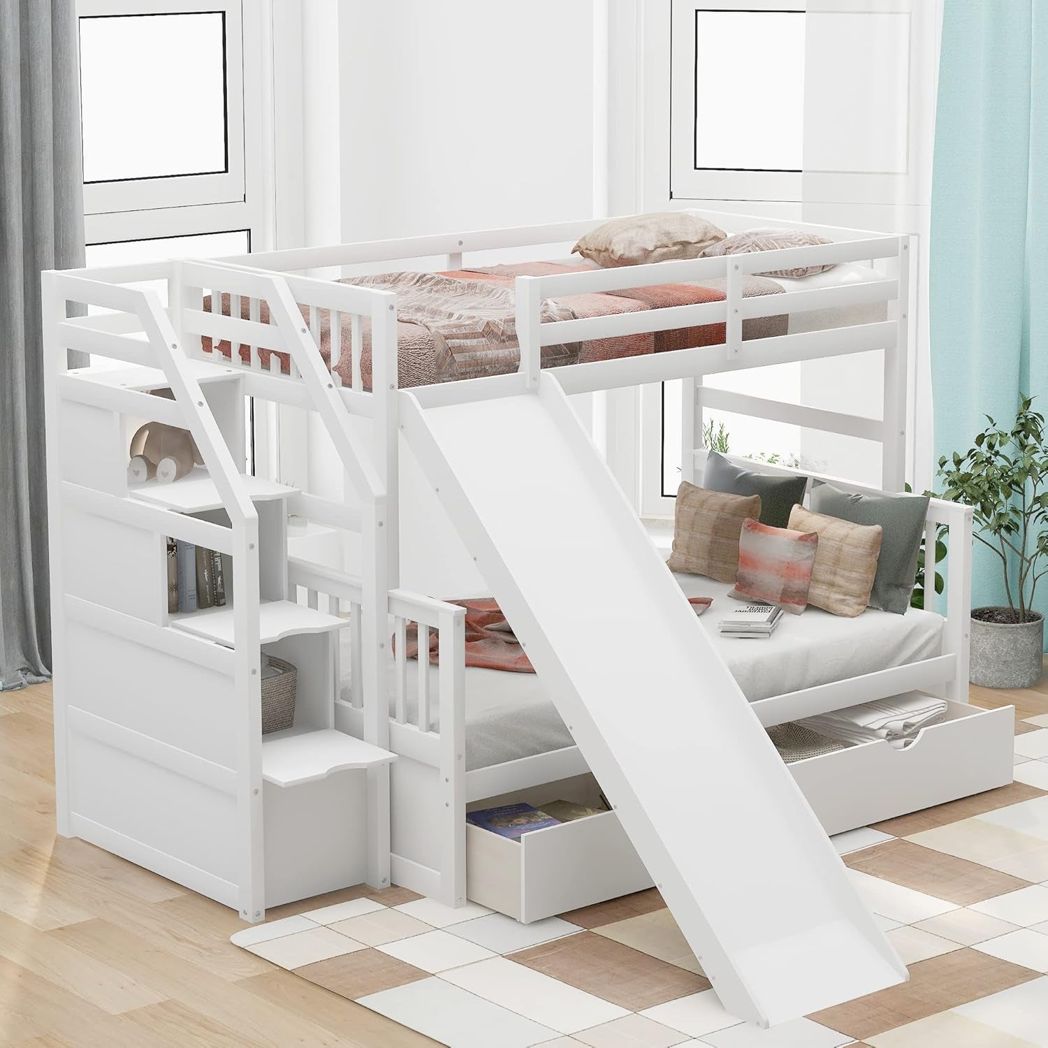 Twin over Full Bunk Bed with Slide, Solid Wood Bunk Bed Frame, Bunk Bed with Drawers & Storage Staircases, Convertible Bunk Bed (Twin/Full with Slide, White)